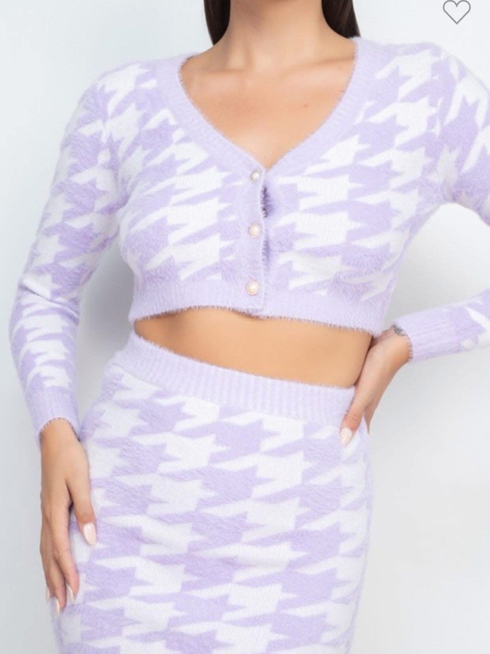 Lilac & White Houndstooth V-Neck Cropped Cardigan And Mini Skirt